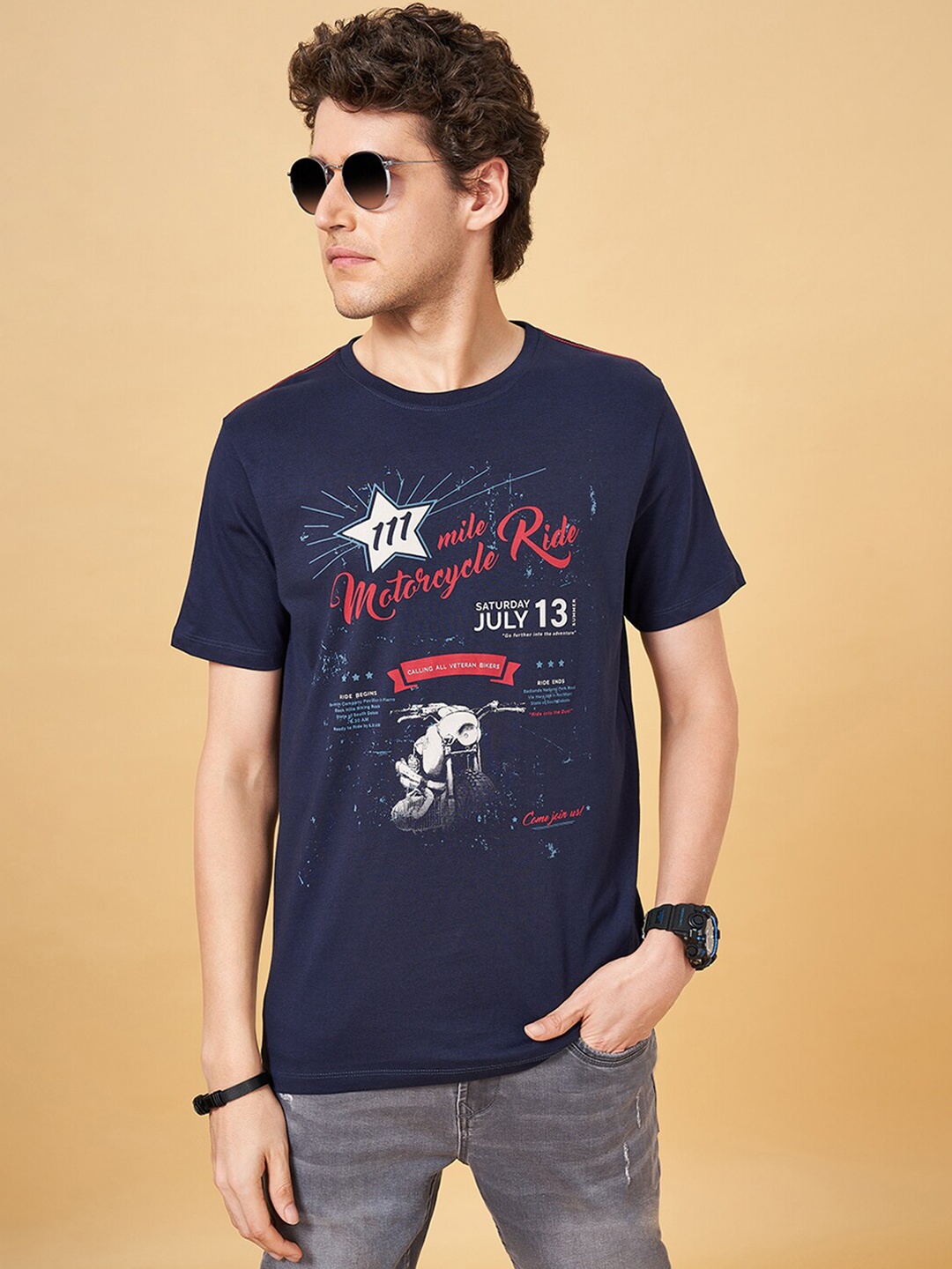 SF JEANS by Pantaloons Typography Printed Slim Fit Cotton T-shirt, Navy blue