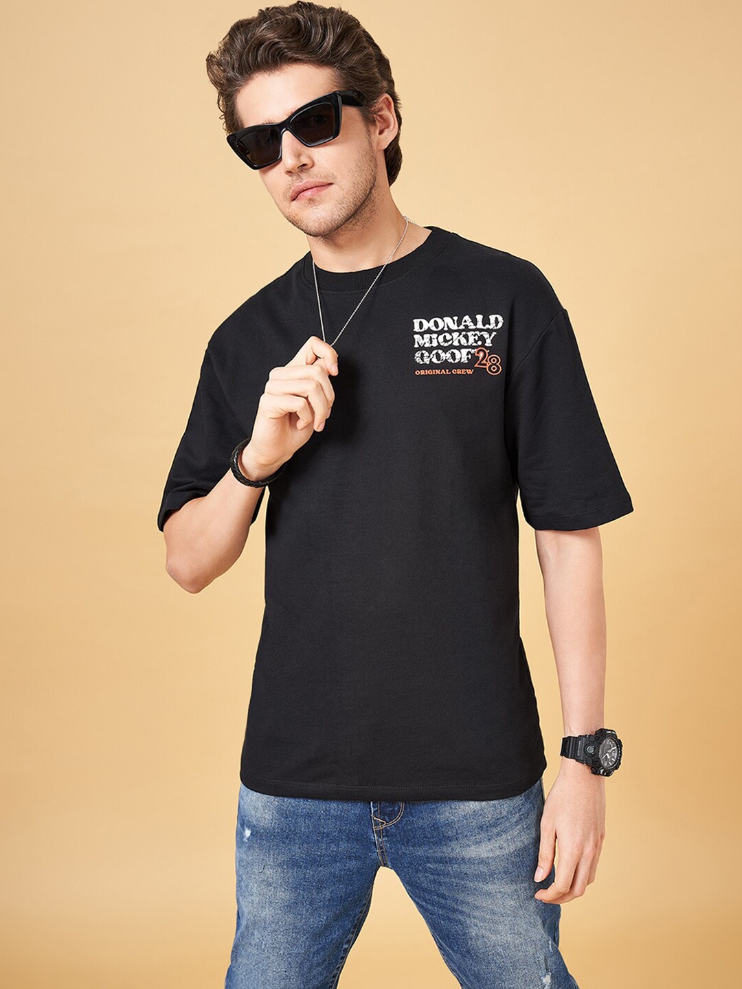 SF JEANS by Pantaloons Typography Printed Pure Cotton T-shirt, Black