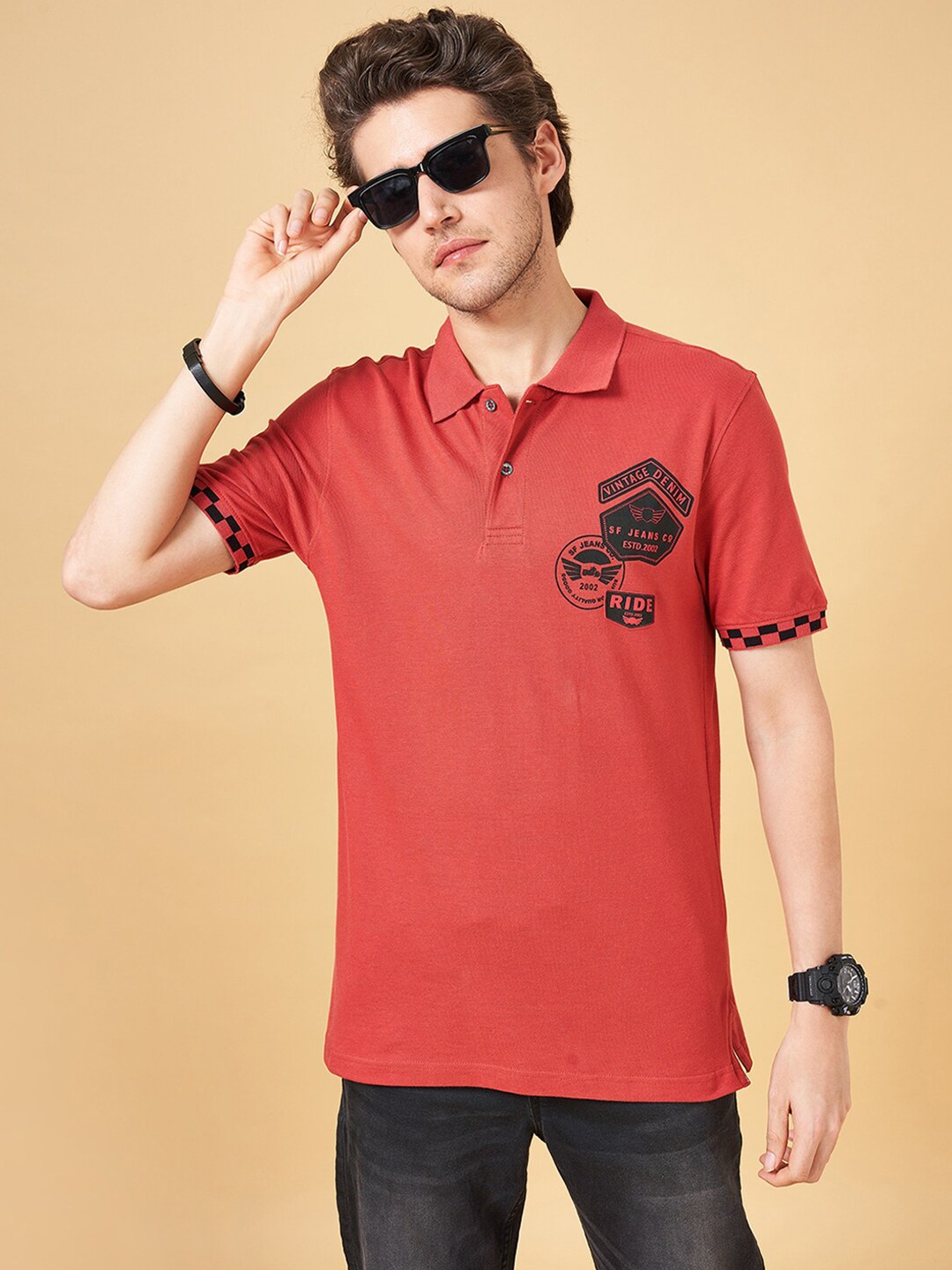 

SF JEANS by Pantaloons Graphic Printed Polo Collar Slim Fit Cotton T-shirt, Rust