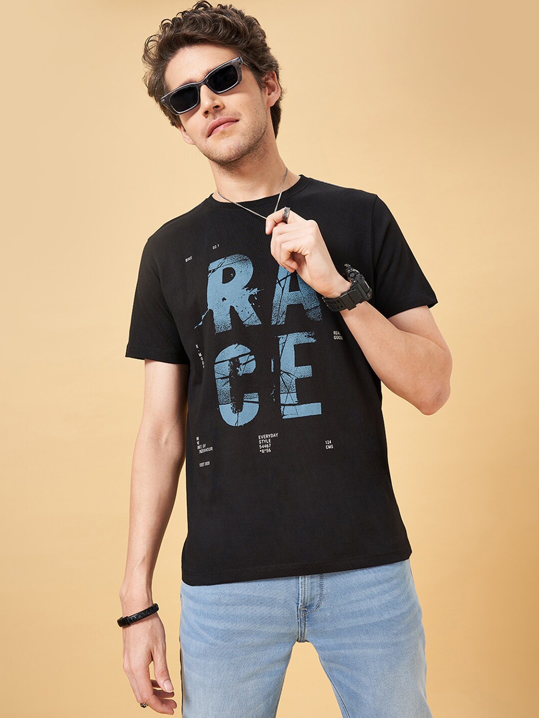 

SF JEANS by Pantaloons Typography Printed Cotton Slim Fit T-shirt, Charcoal