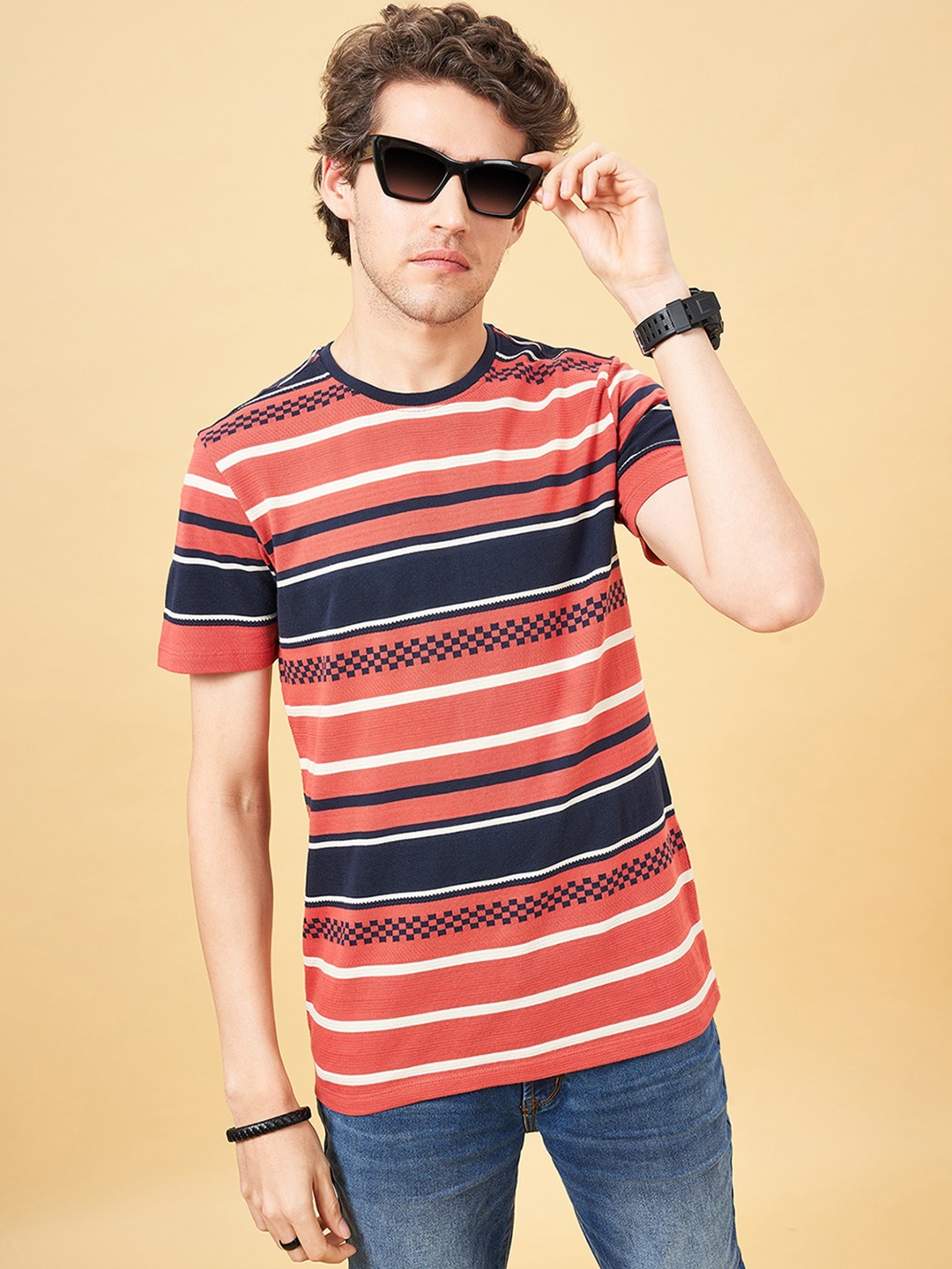 

SF JEANS by Pantaloons Striped Pure Cotton Slim Fit T-shirt, Black