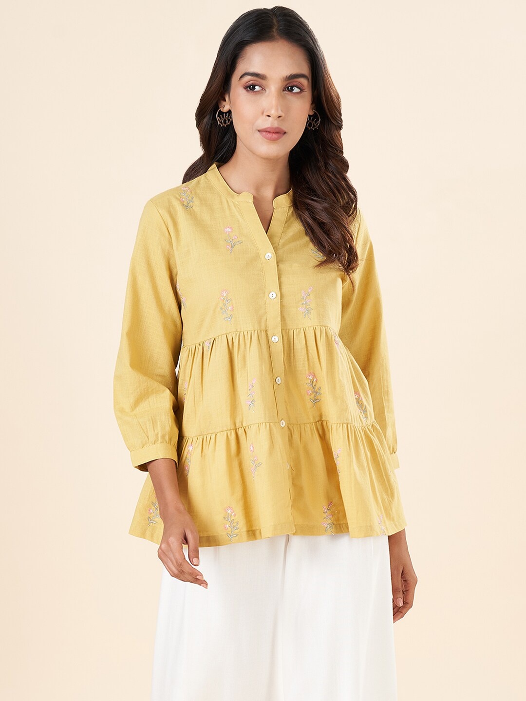 

AKKRITI BY PANTALOONS Ethnic Motifs Embroidered Gathered Detail Pure Cotton Tunic, Yellow