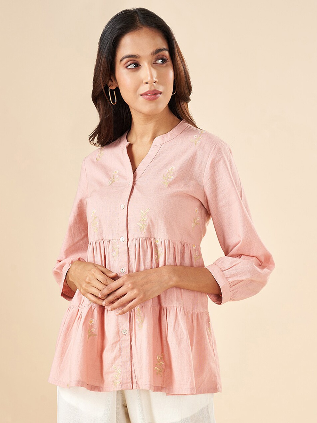 

AKKRITI BY PANTALOONS Ethnic Motifs Embroidered Gathered Detail Pure Cotton Tunic, Pink