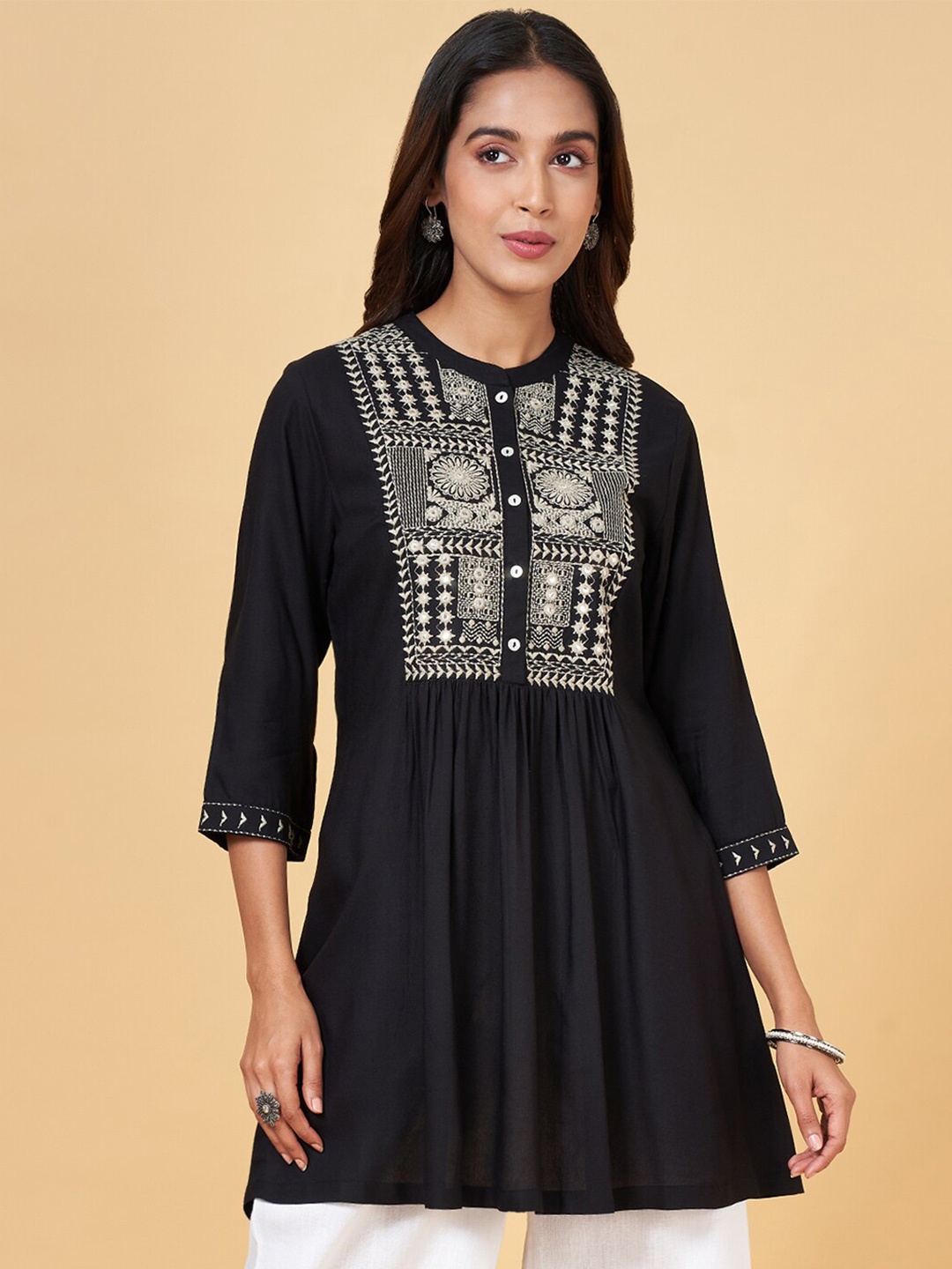 

RANGMANCH BY PANTALOONS Floral Yoke Design Thread Work Pleated A-Line Kurti, Black