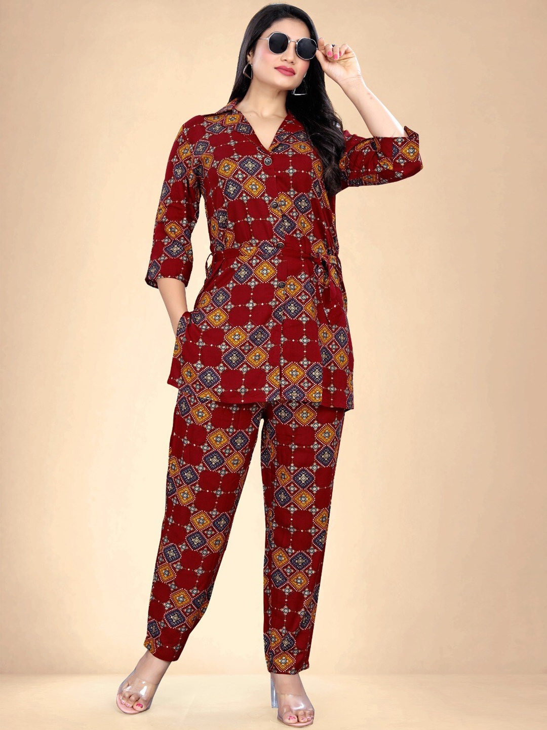 

Abhilasha Ajrak Printed Shirt Collar Top & Trouser Co-Ords, Red