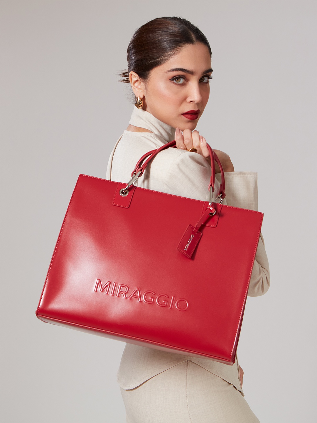MIRAGGIO Ace Red Structured Tote Bag with Detachable Shoulder Strap