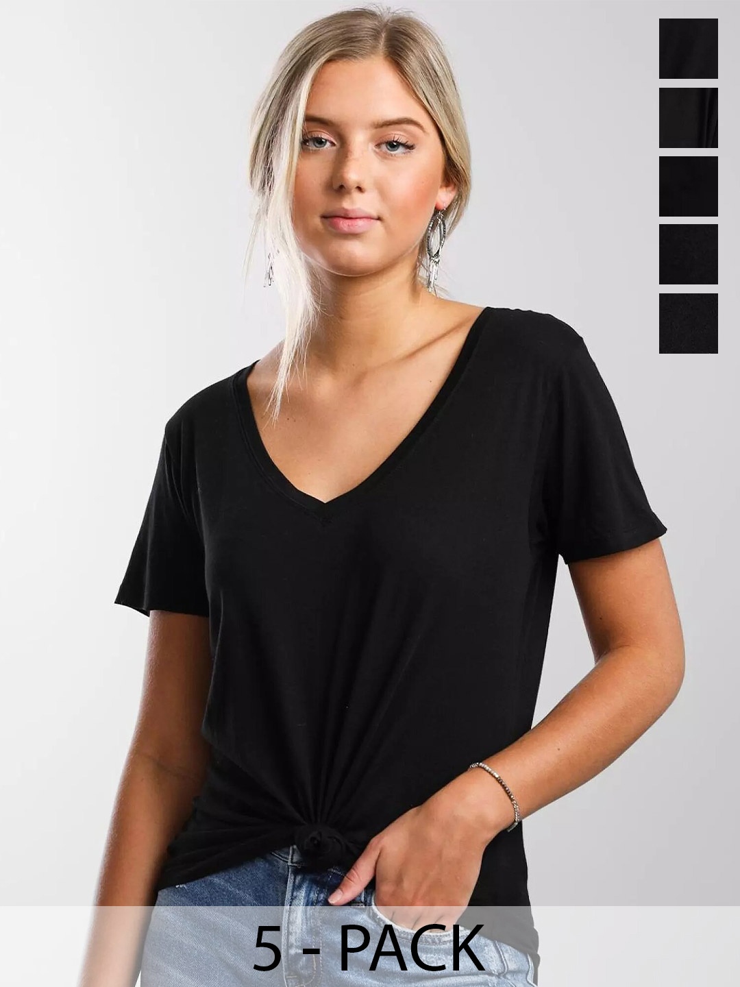 COLOR CAPITAL Pack Of 5 V-Neck Short Sleeves Top, Black
