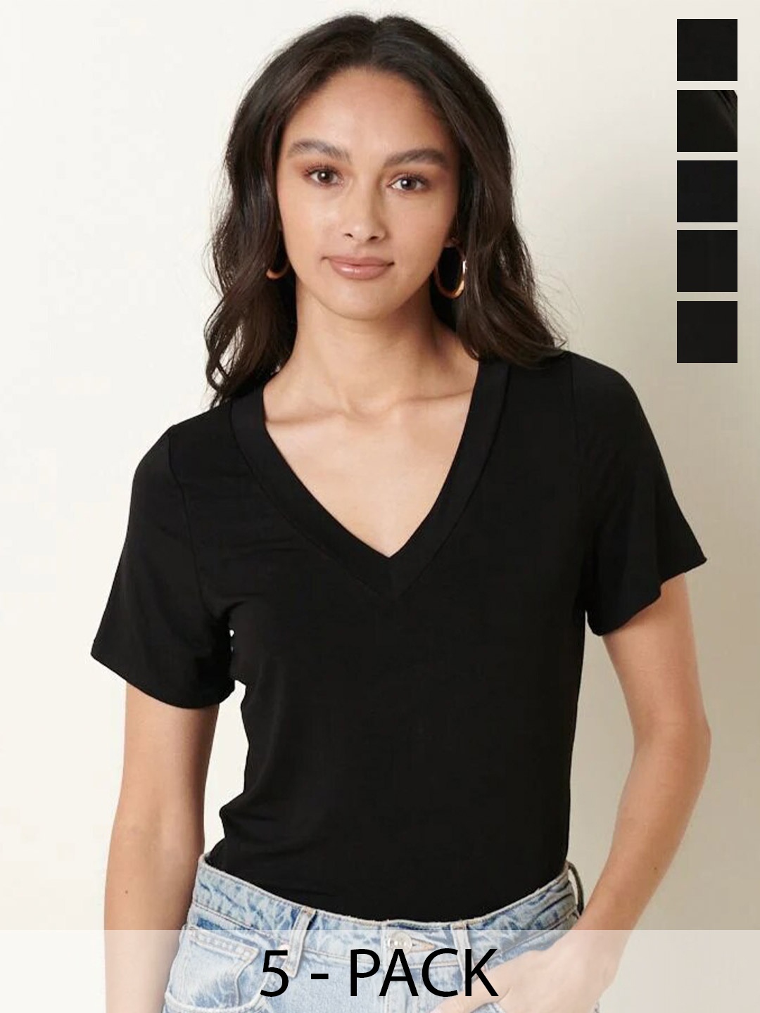 

COLOR CAPITAL Pack of 5 V-Neck Short Sleeves Top, Black