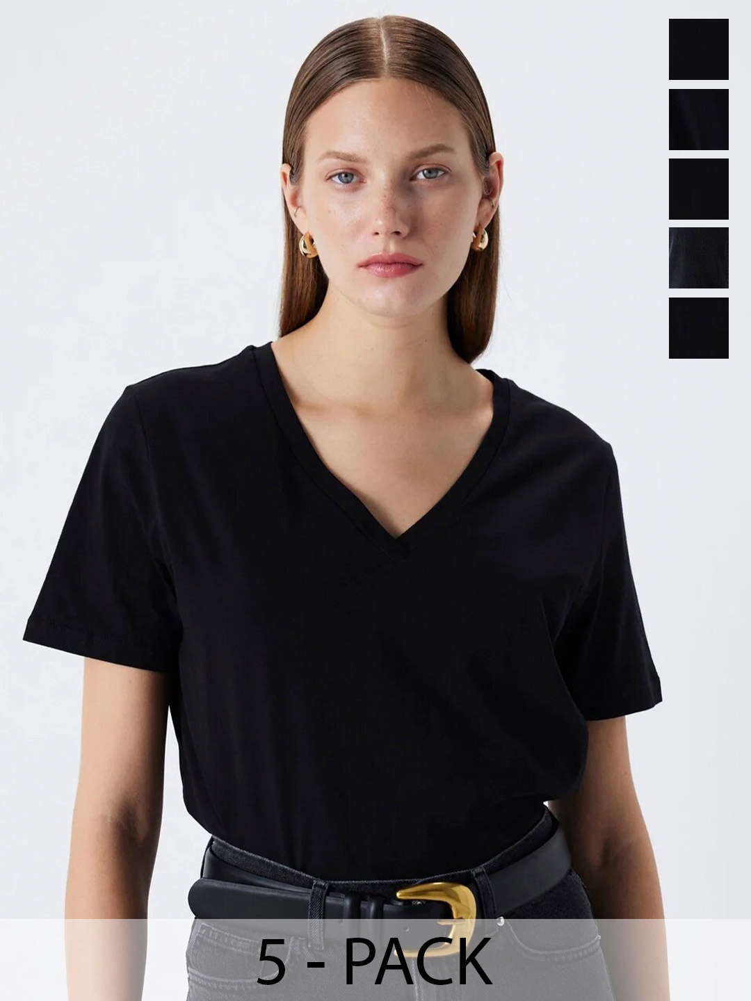 

COLOR CAPITAL Pack of 5 V-Neck Short Sleeves Top, Black