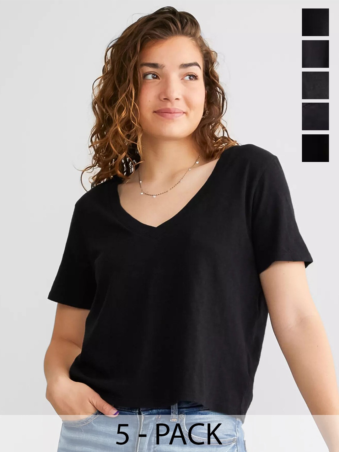 

COLOR CAPITAL Pack Of 5 V Neck Short Sleeves Top, Black