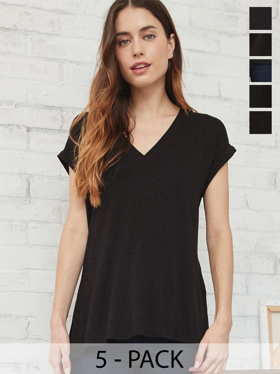 COLOR CAPITAL Pack of 5 V-Neck Short Sleeves Top, Black