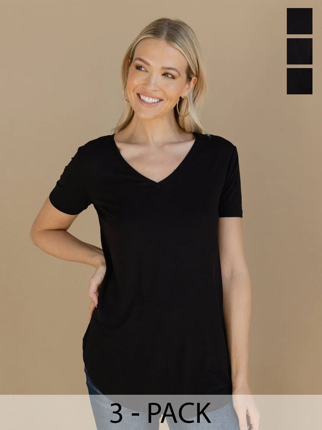 

COLOR CAPITAL Pack of 3 V-Neck Short Sleeves Top, Black