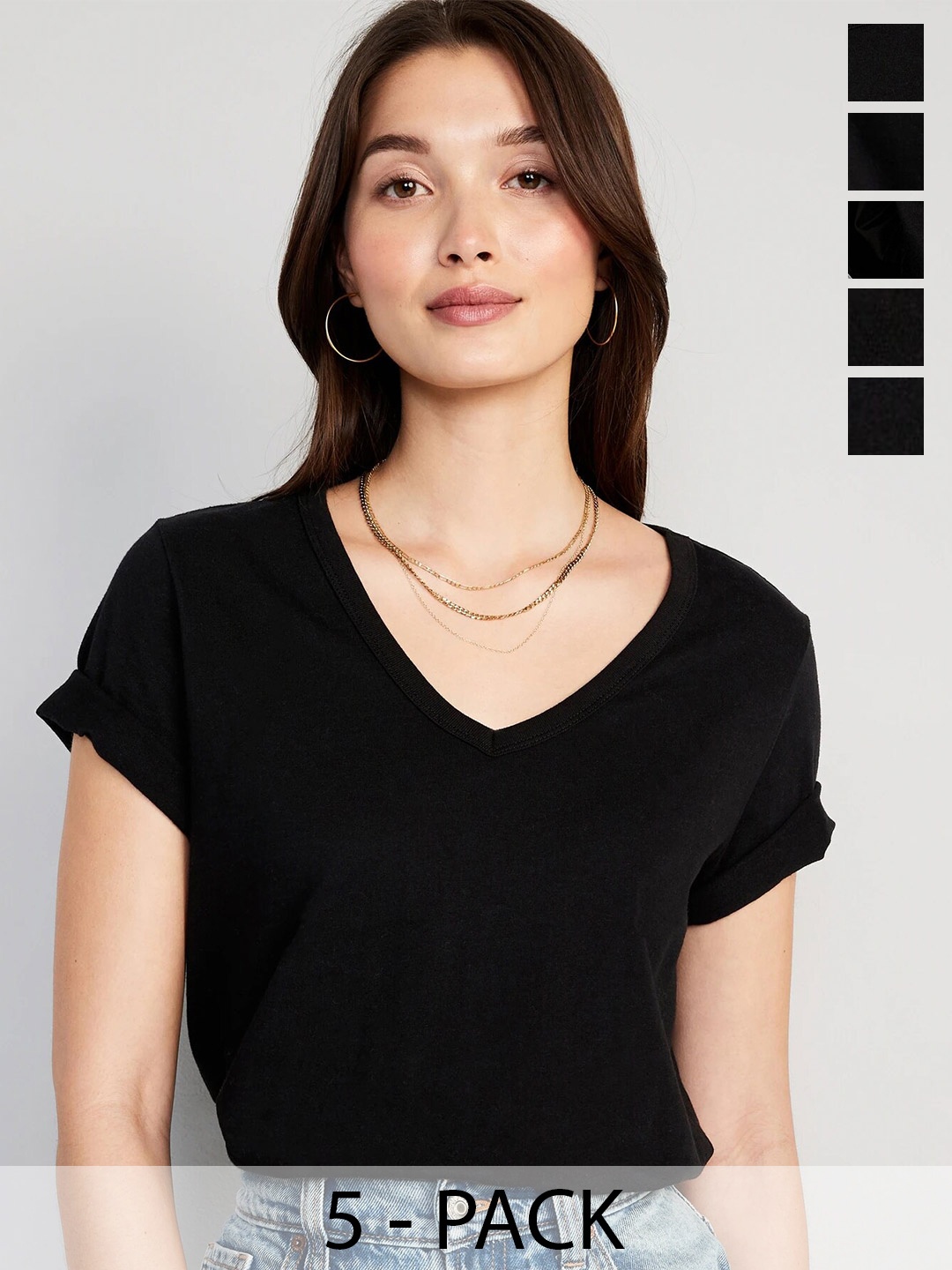 COLOR CAPITAL Pack of 5 V-Neck Short Sleeves Top, Black