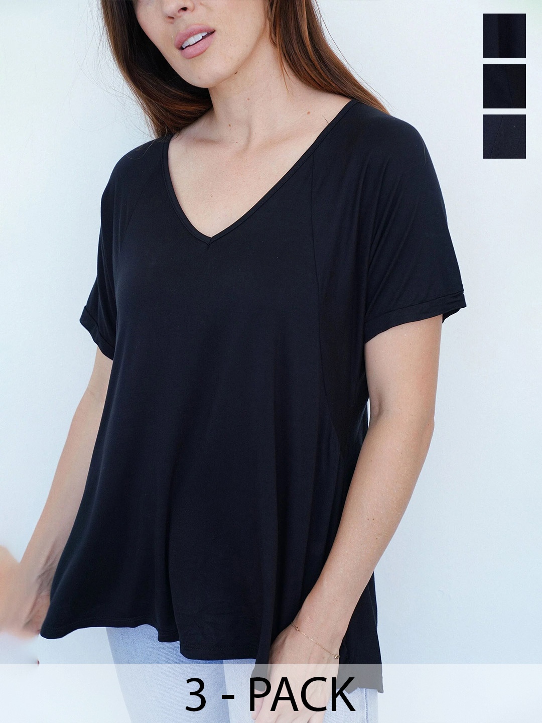 COLOR CAPITAL Pack of 3 V-Neck Raglan Sleeves T-shirts, Black