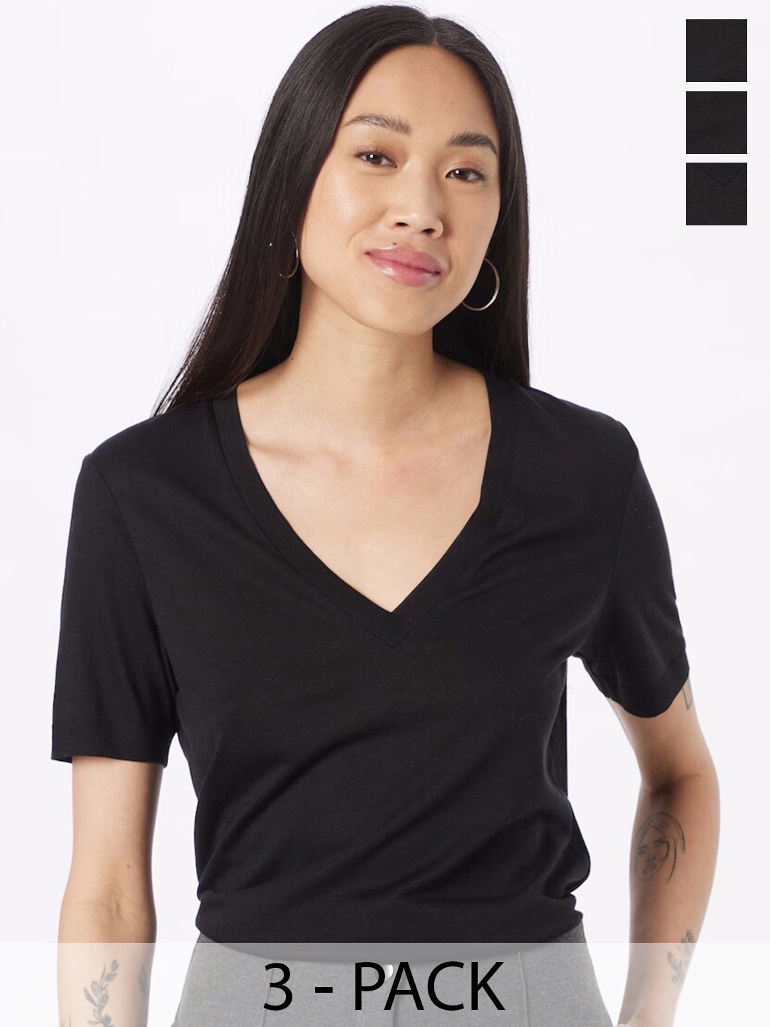 COLOR CAPITAL Pack of 3 V-Neck Short Sleeves Top, Black