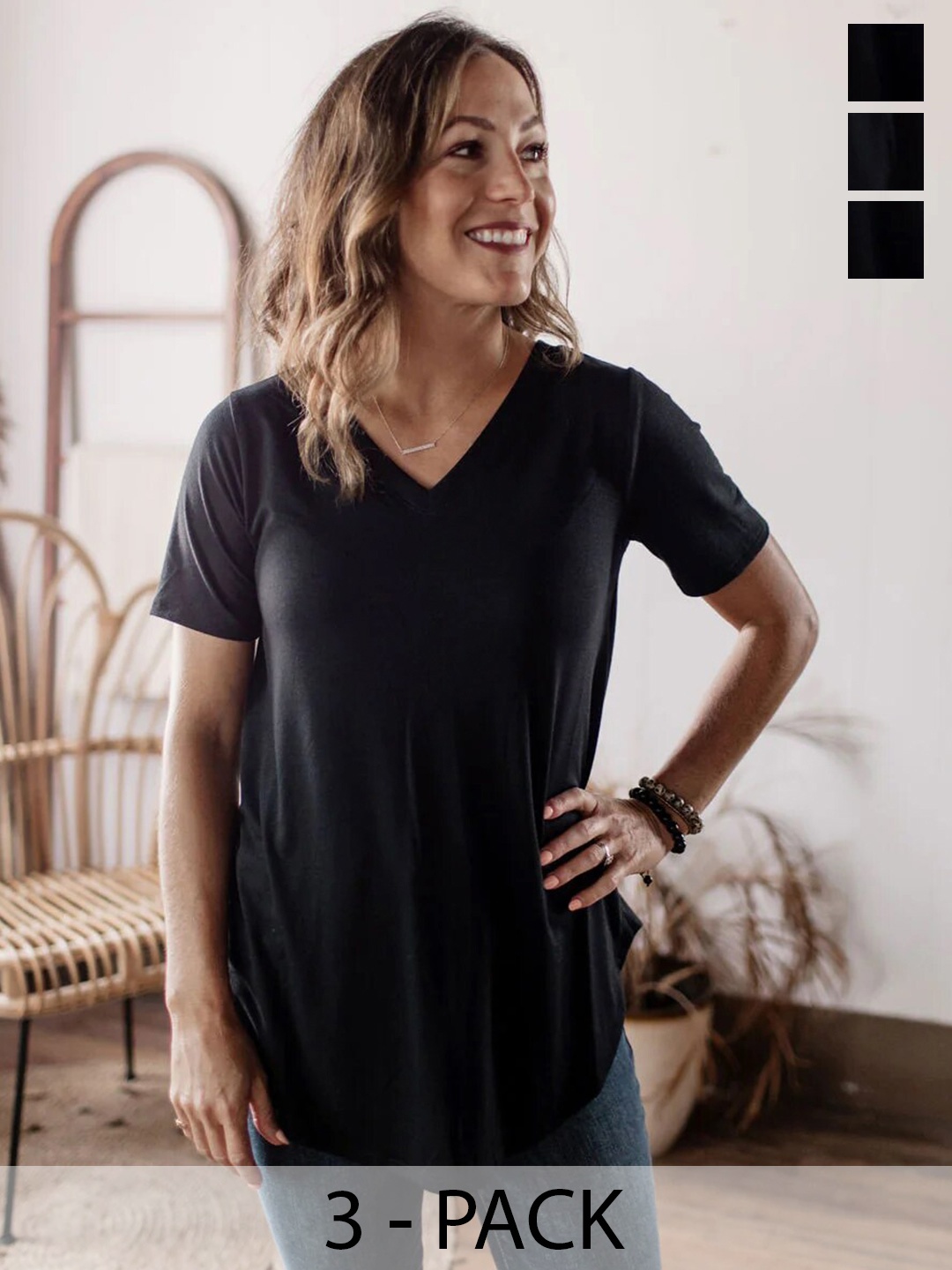 

COLOR CAPITAL Pack of 3 V-Neck Short Sleeves Top, Black
