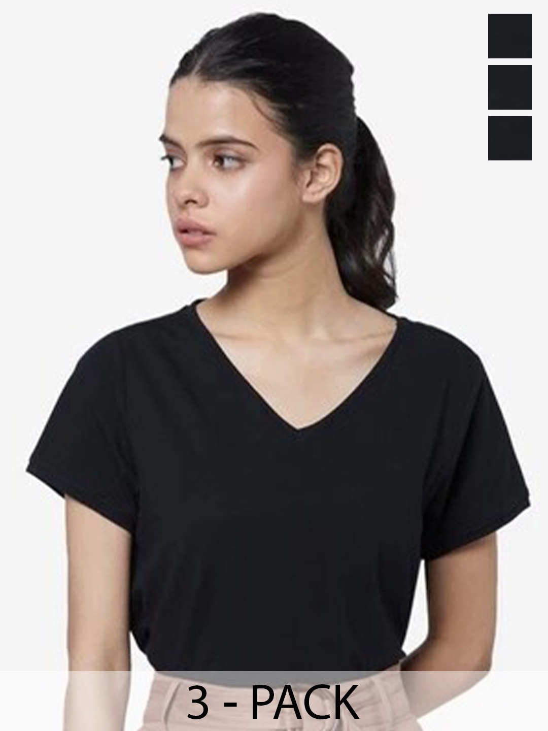 

COLOR CAPITAL Pack of 3 V-Neck Short Sleeves Top, Black