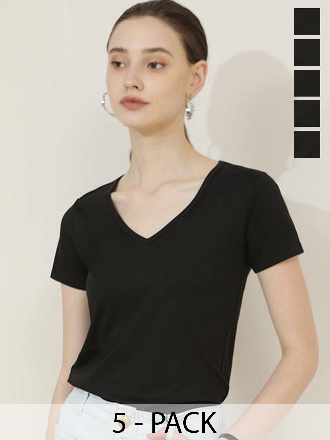

COLOR CAPITAL Pack Of 5 V-Neck Short Sleeves T-shirts, Black