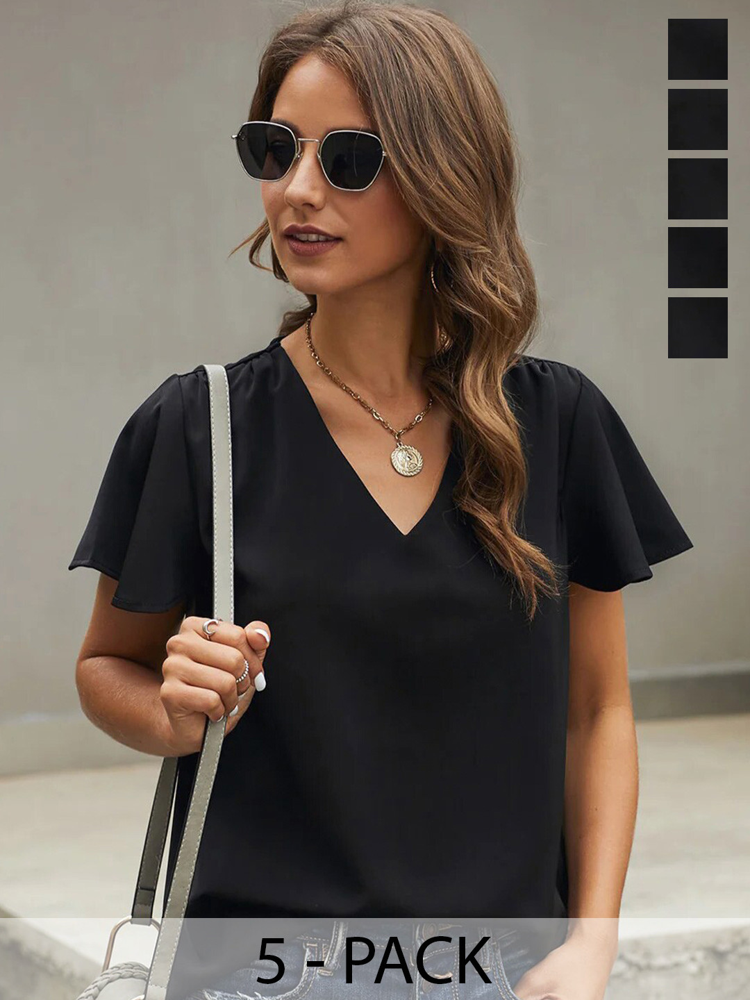

COLOR CAPITAL Pack Of 5 V-Neck Flared Sleeve Tops, Black