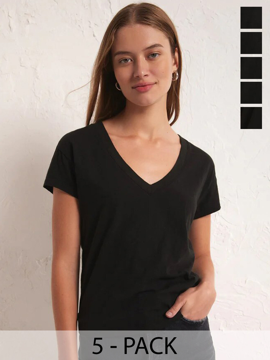 

COLOR CAPITAL Pack of 5 V-Neck Short Sleeved Tops, Black