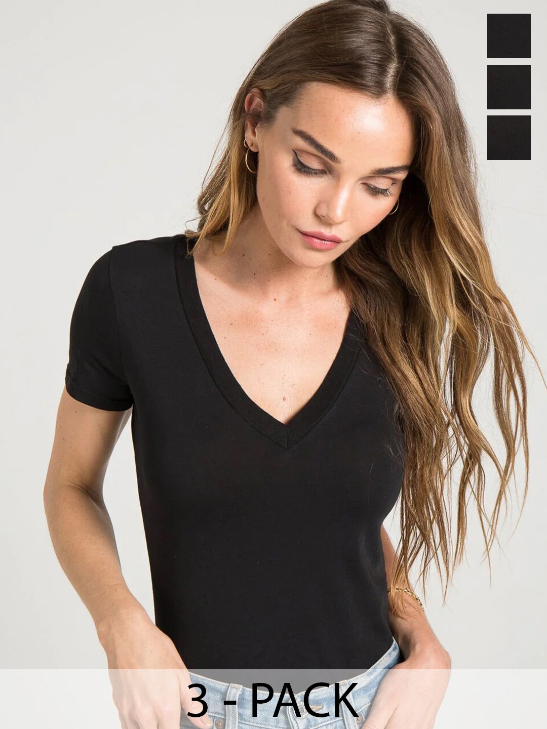 COLOR CAPITAL Pack of 3 V-Neck Short Sleeved Fitted Tops, Black