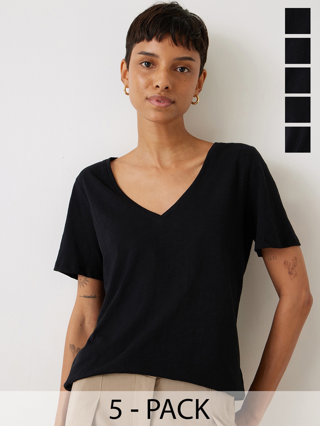 COLOR CAPITAL Pack Of 5 V-Neck Casual T-shirts, Black