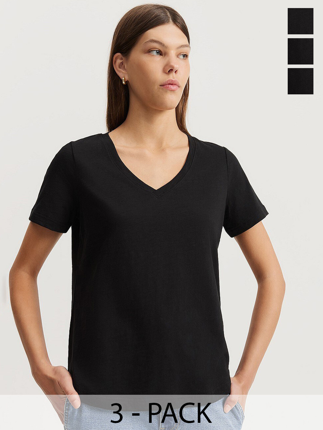 

COLOR CAPITAL Pack Of 3 V-Neck Short Sleeves T-shirts, Black