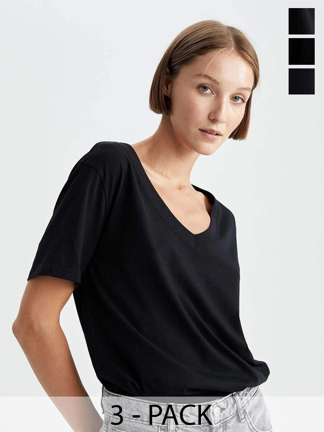 

COLOR CAPITAL Pack Of 3 V-Neck Short Sleeves T-shirts, Black