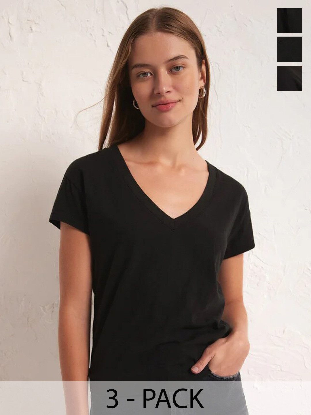 

COLOR CAPITAL Pack Of 3 V Neck Short Sleeves Relaxed Tops, Black