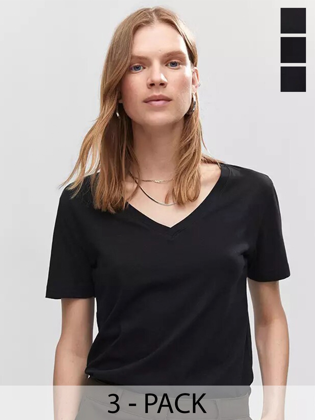 COLOR CAPITAL Pack Of 3 V Neck Short Sleeves Relaxed Tops, Black
