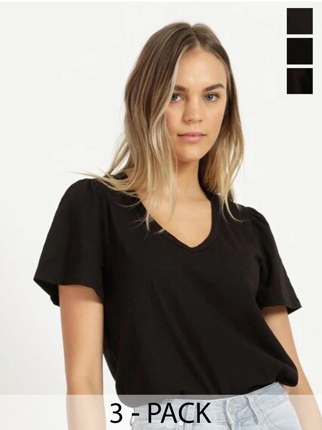 

COLOR CAPITAL Pack Of 3 V-Neck Top, Black