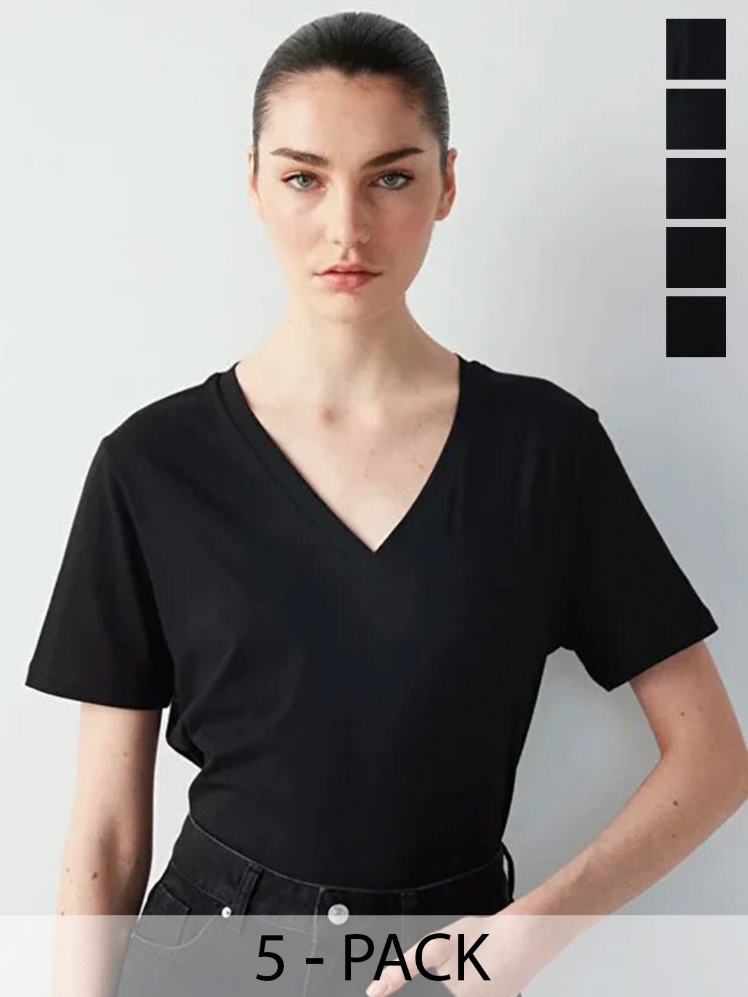 COLOR CAPITAL Pack Of 5 V Neck Short Sleeves Relaxed Tops, Black