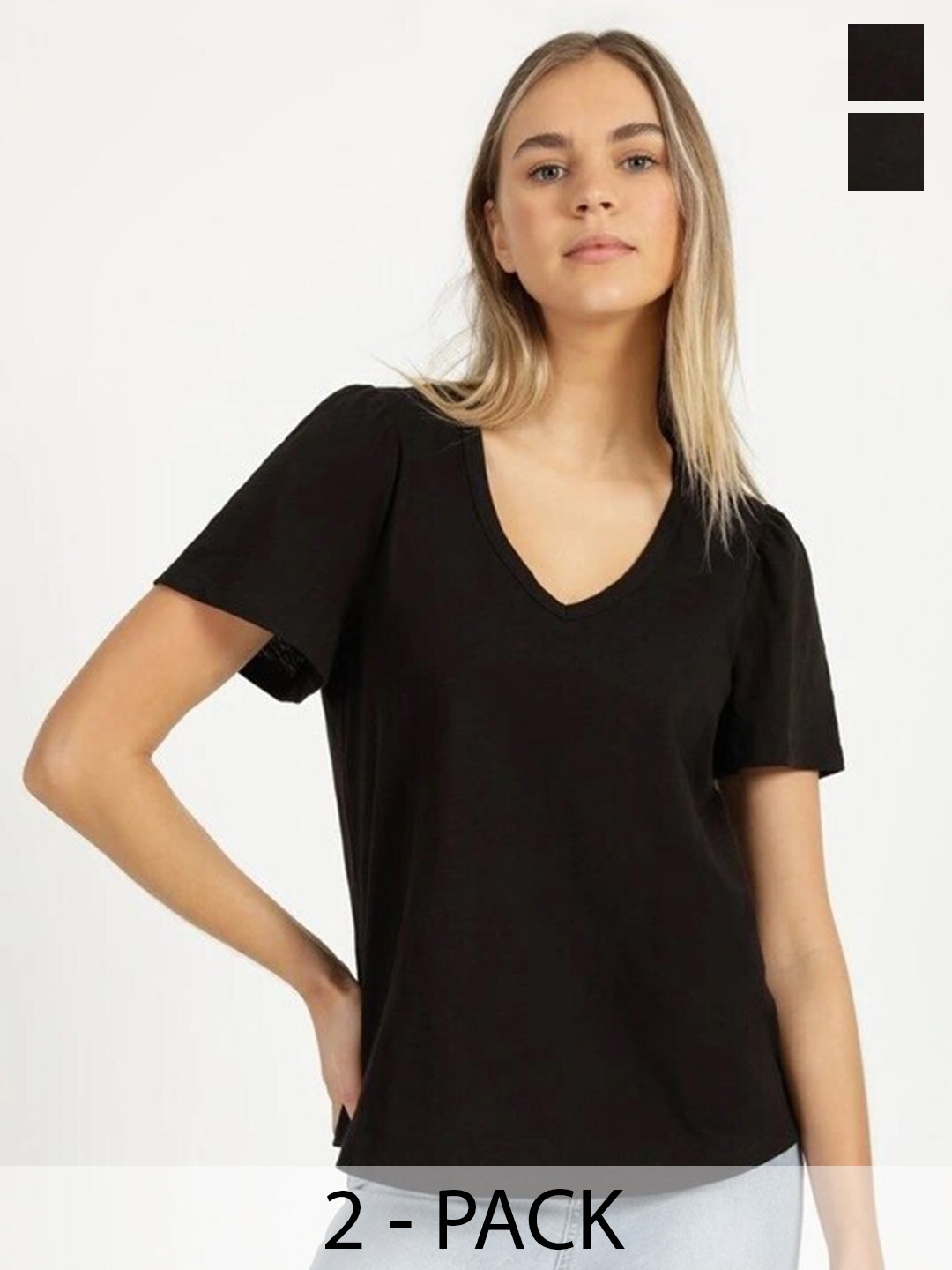 COLOR CAPITAL Pack Of 2 Relaxed Fit V-Neck Casual T-shirts, Black
