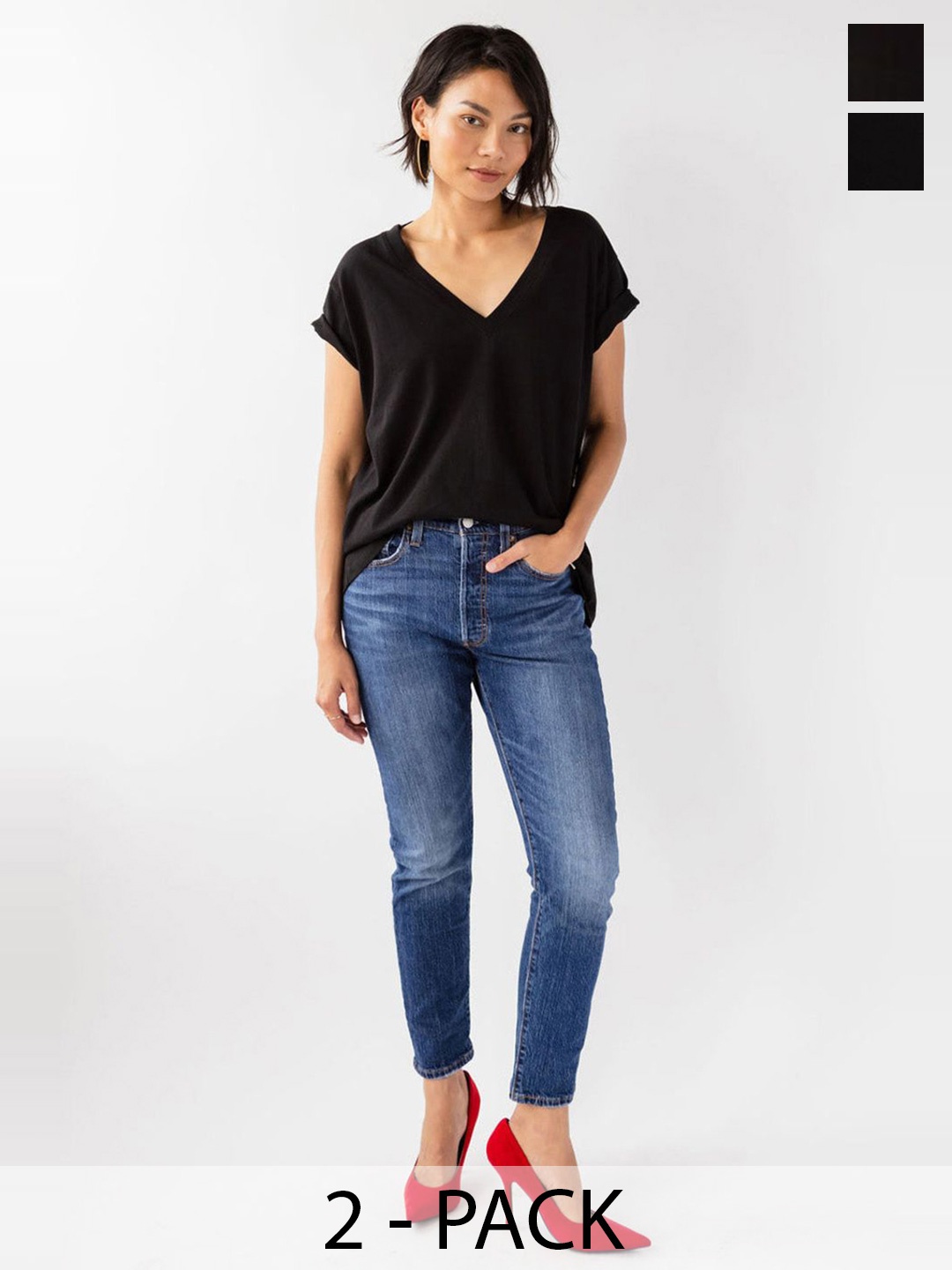 COLOR CAPITAL Pack Of 2 V-Neck Drop-Shoulder Sleeves T-shirts, Black