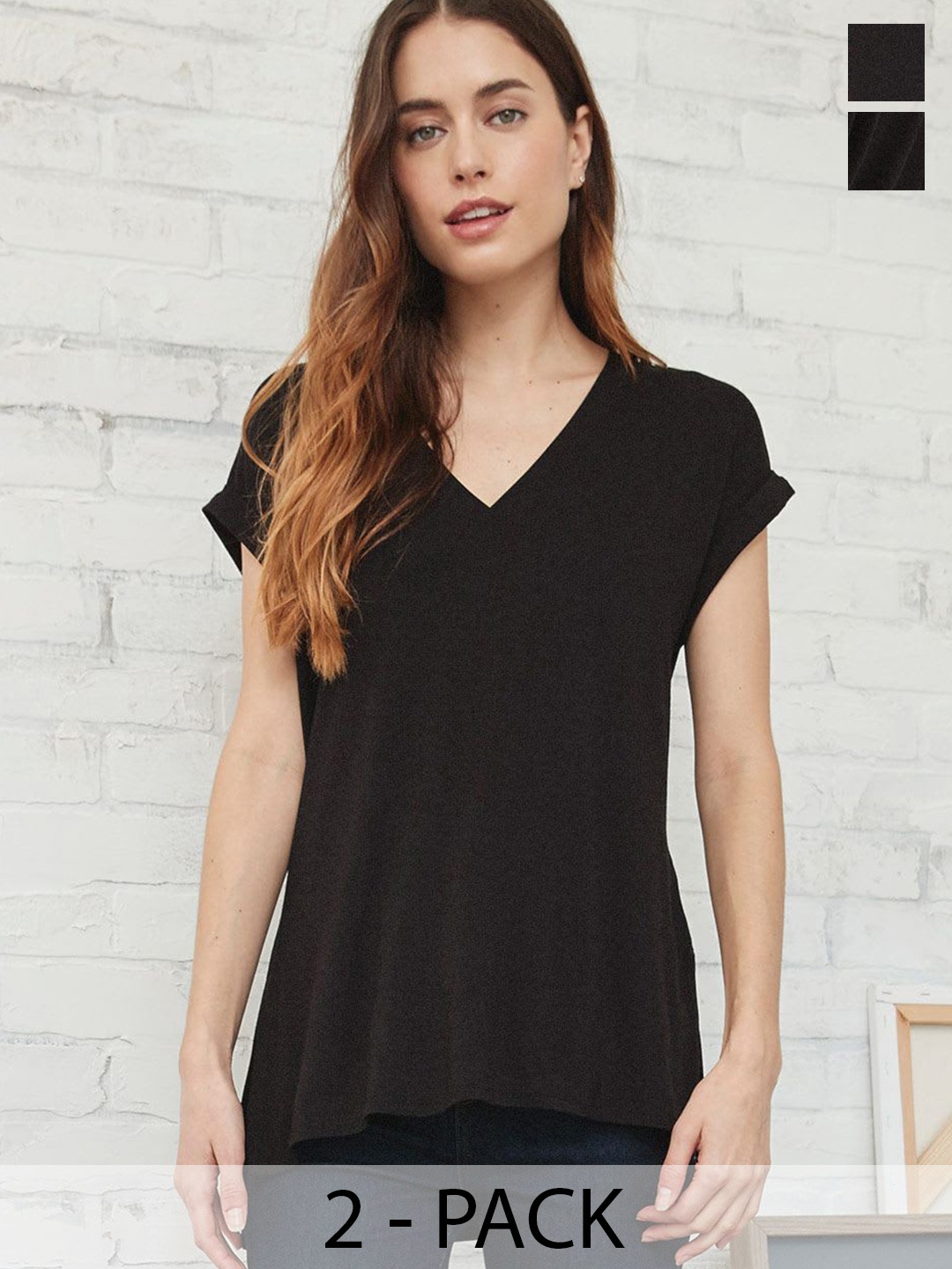 

COLOR CAPITAL Pack Of 2 V-Neck Extended Sleeves T-shirts, Black