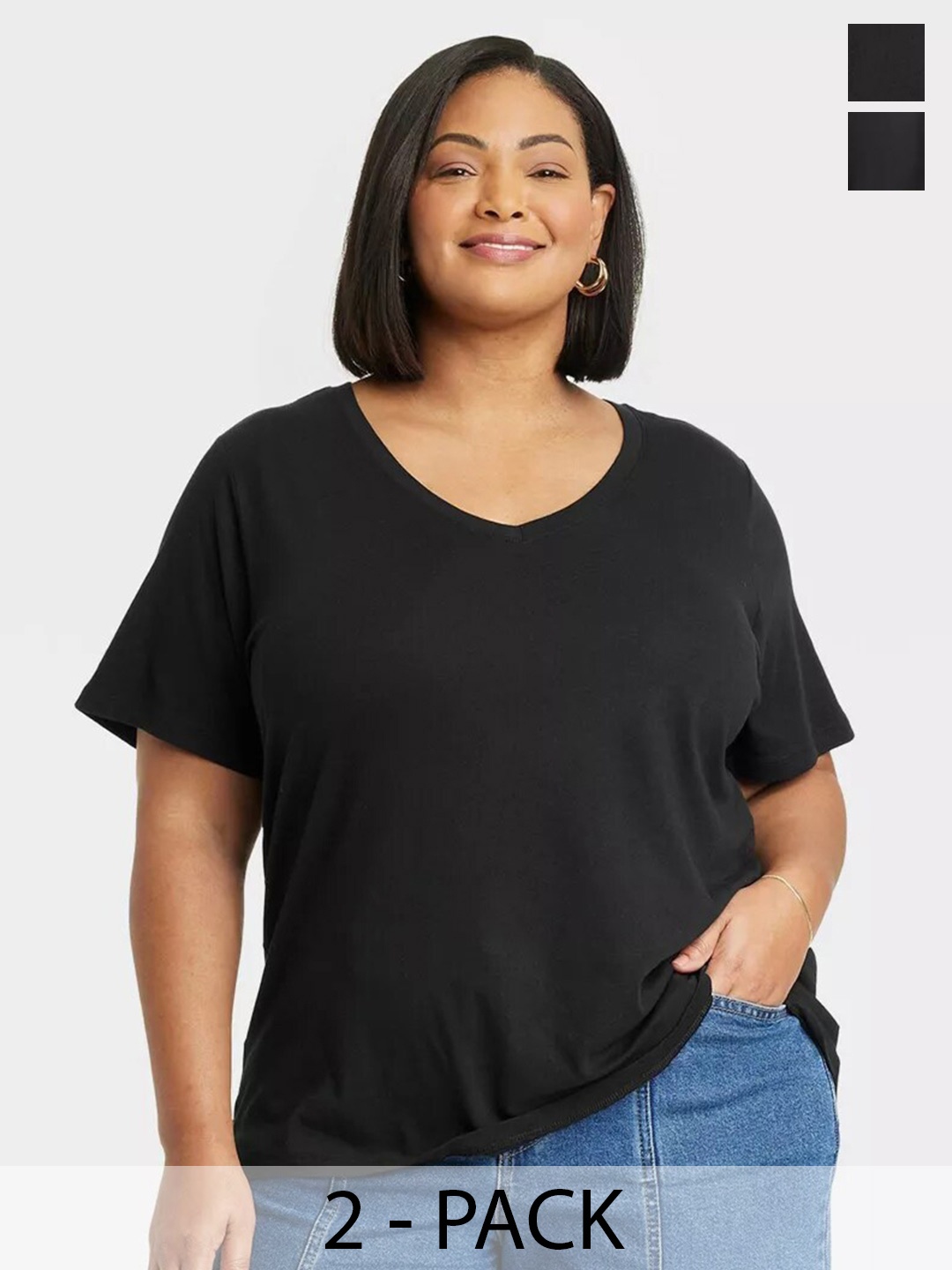 

COLOR CAPITAL Plus Size Pack of 2 V-Neck Short Sleeves T-shirts, Black