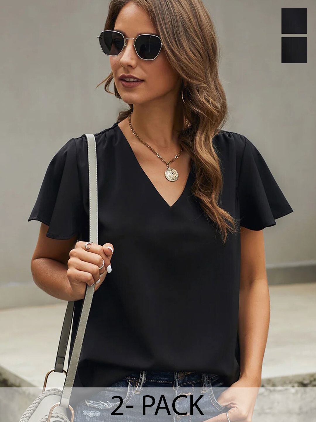 

COLOR CAPITAL Pack Of 2 V-Neck Short Sleeves T-shirt, Black