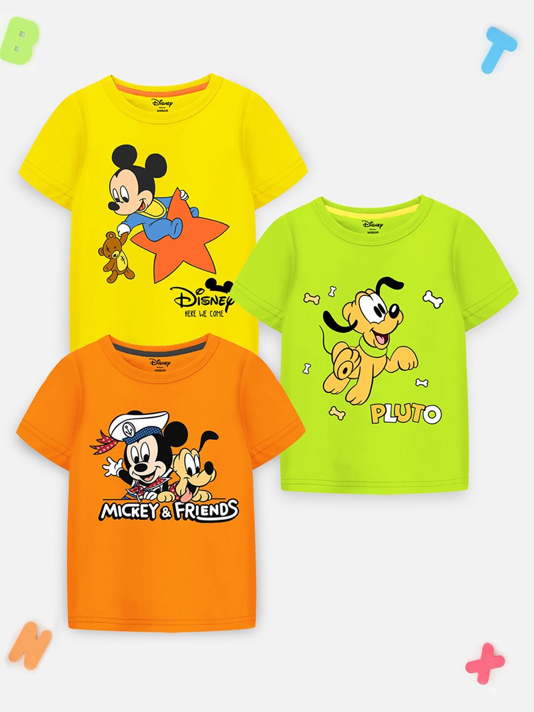 

YK Disney Kids Pack of 3 Mickey & Friends Printed T-shirts, Yellow