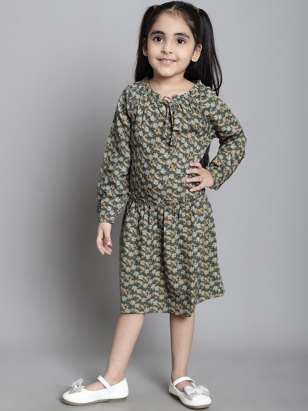 

MINI & MING Girls Floral Print Tie-Up Neck Gathered A-Line Dress, Green