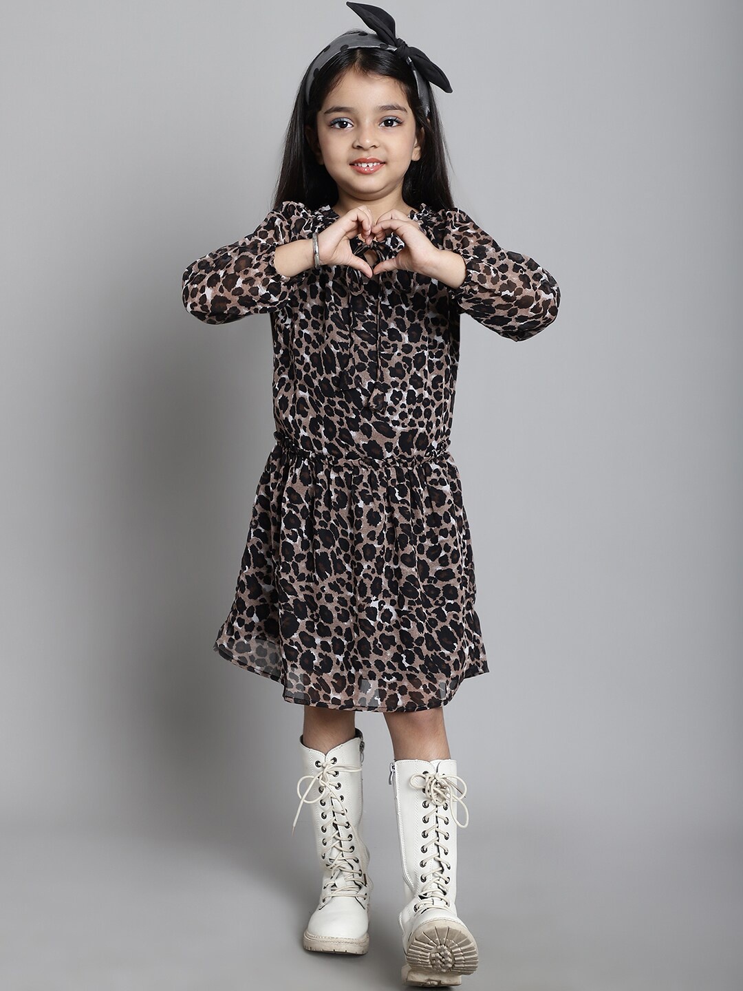 

MINI & MING Girls Animal Print Georgette Fit & Flare Dress, Black