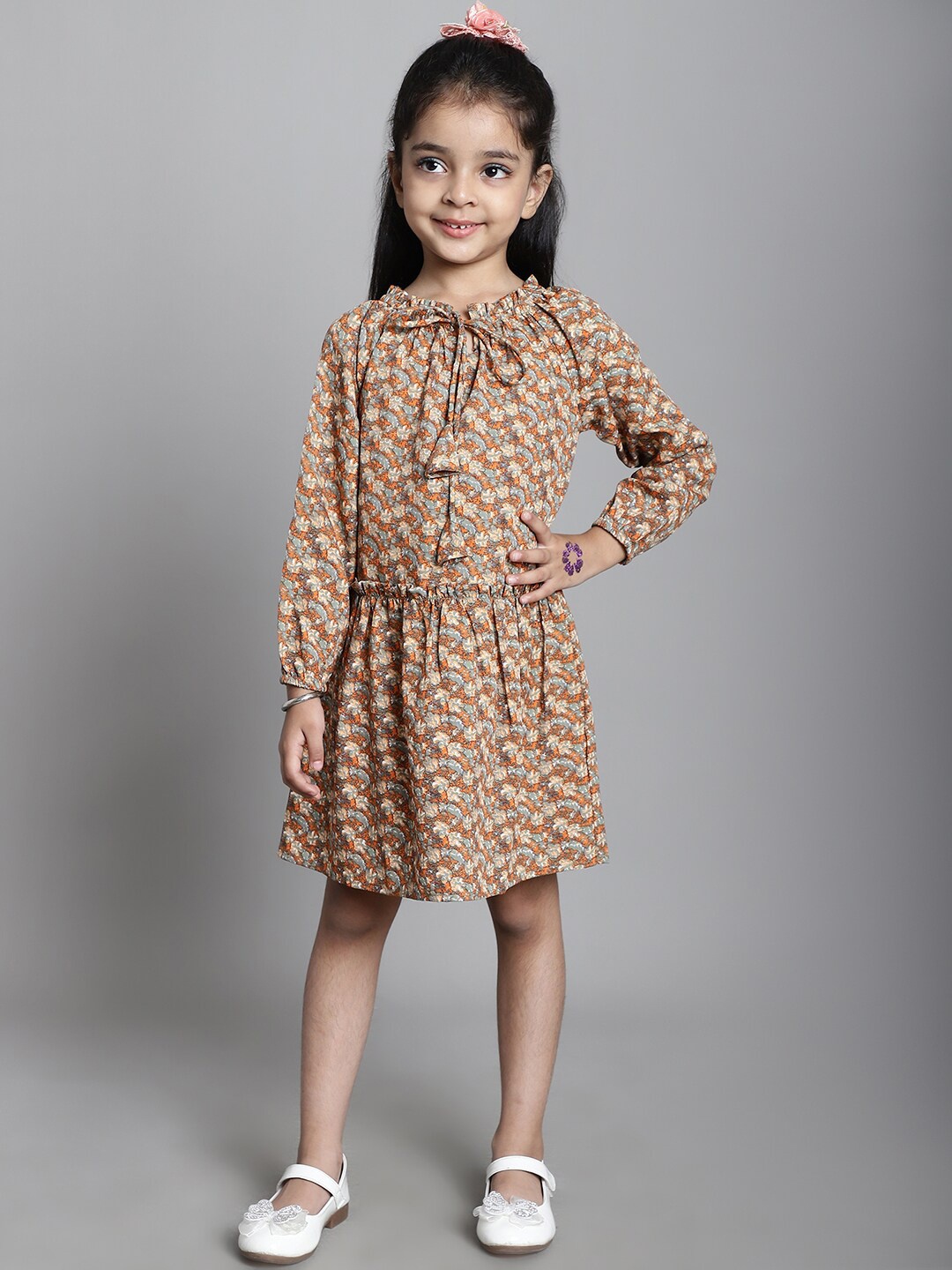 

MINI & MING Girls Floral Print Tie-Up Neck Fit & Flare Dress, Maroon
