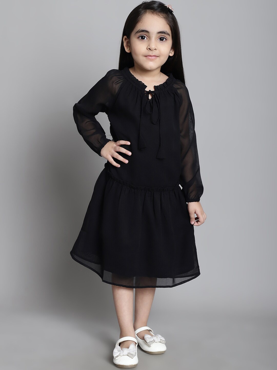 

MINI & MING Girls Tie-Up Neck Georgette Fit & Flare Dress, Black