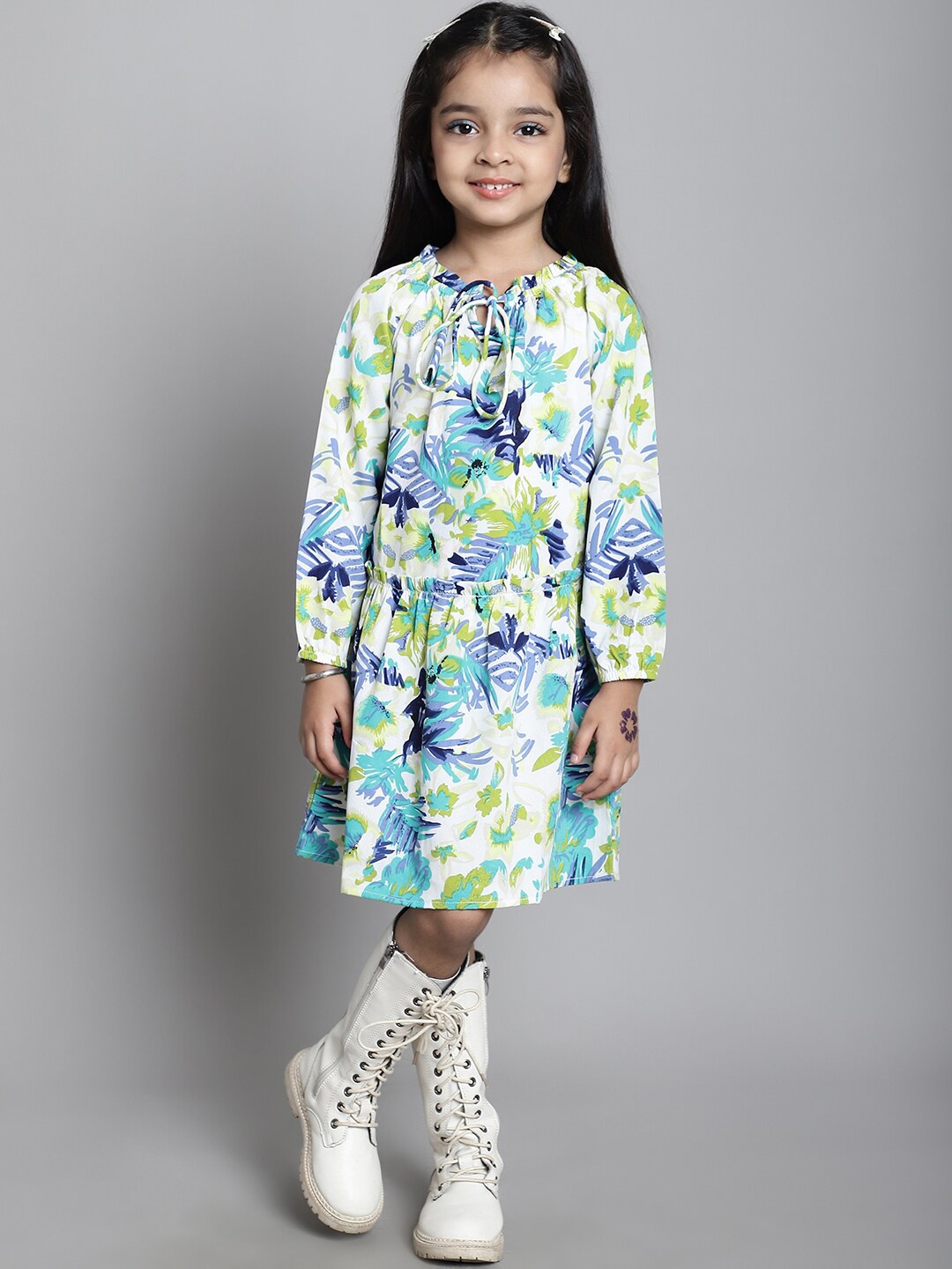

MINI & MING Girls Floral Print Tie-Up Neck Puff Sleeve Fit & Flare Dress, Blue