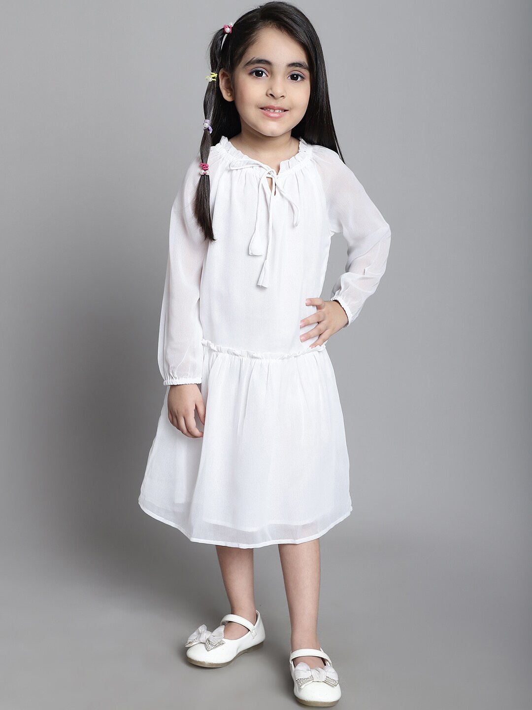 

MINI & MING Girls Tie-Up Neck Georgette Fit & Flare Dress, White