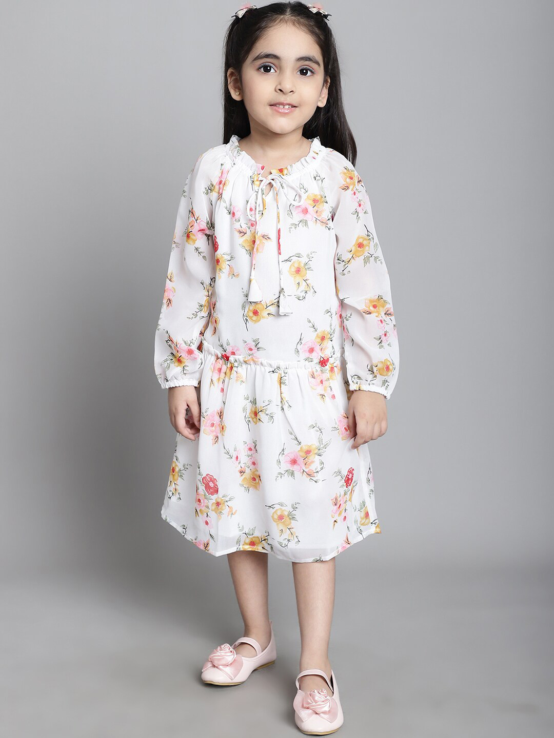 

MINI & MING Girls Floral Print Tie-Up Neck Puff Sleeve A-Line Dress, Off white