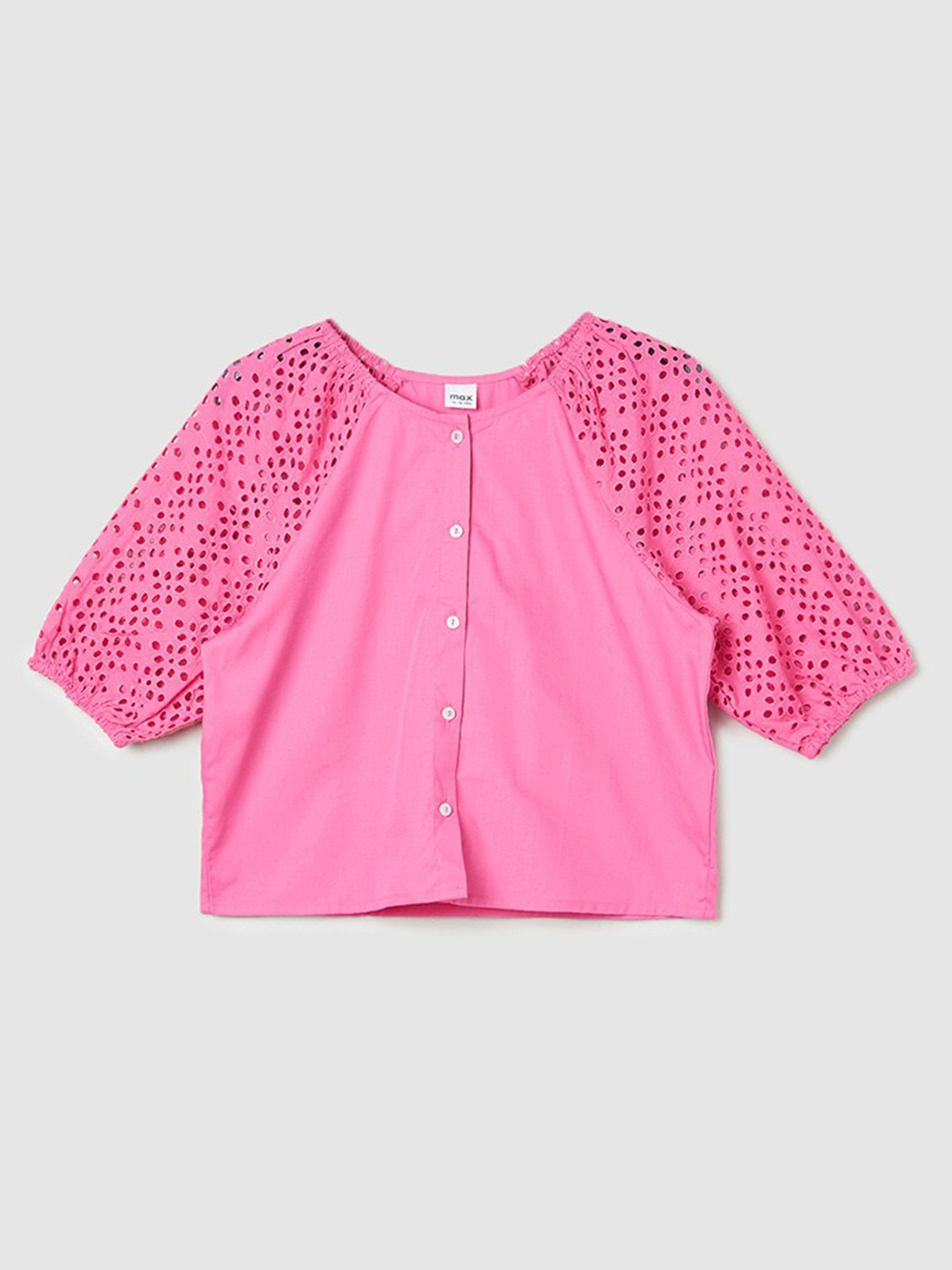 

max Girls Self Design Round Neck Puff Sleeves Cotton Top, Pink