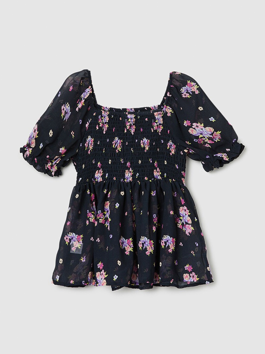 

max Girls Floral Print Puff Sleeves Smocked A-Line Top, Black