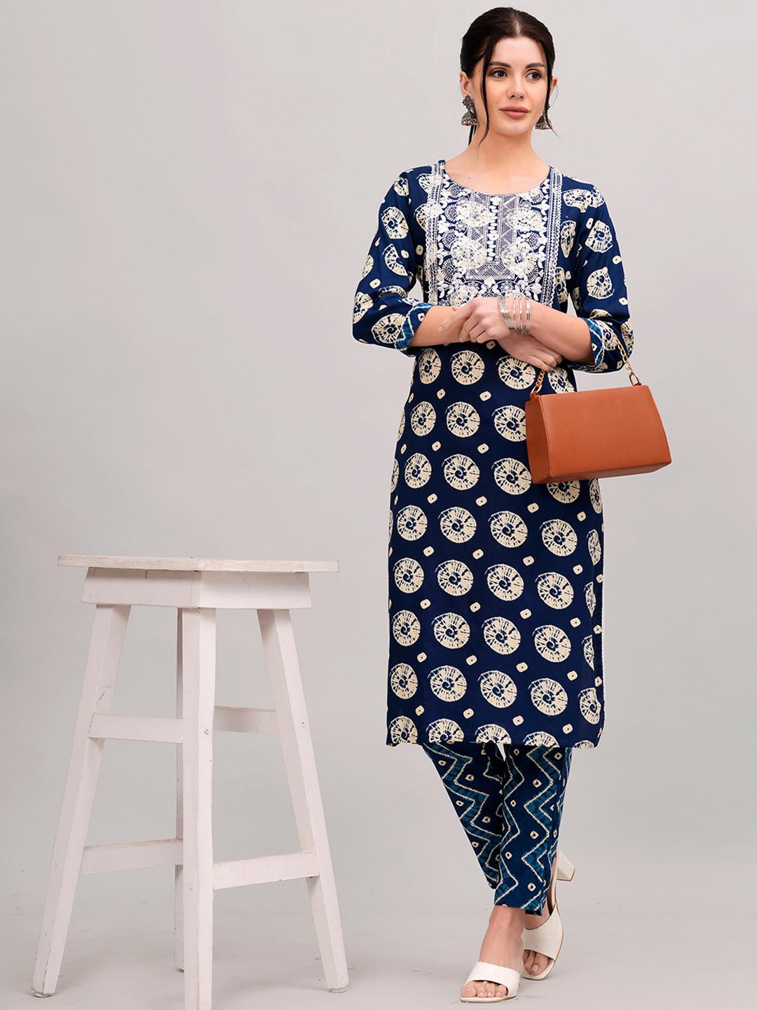 

KALINI Ethnic Motifs Printed Thread Work Kurta with Trousers, Blue