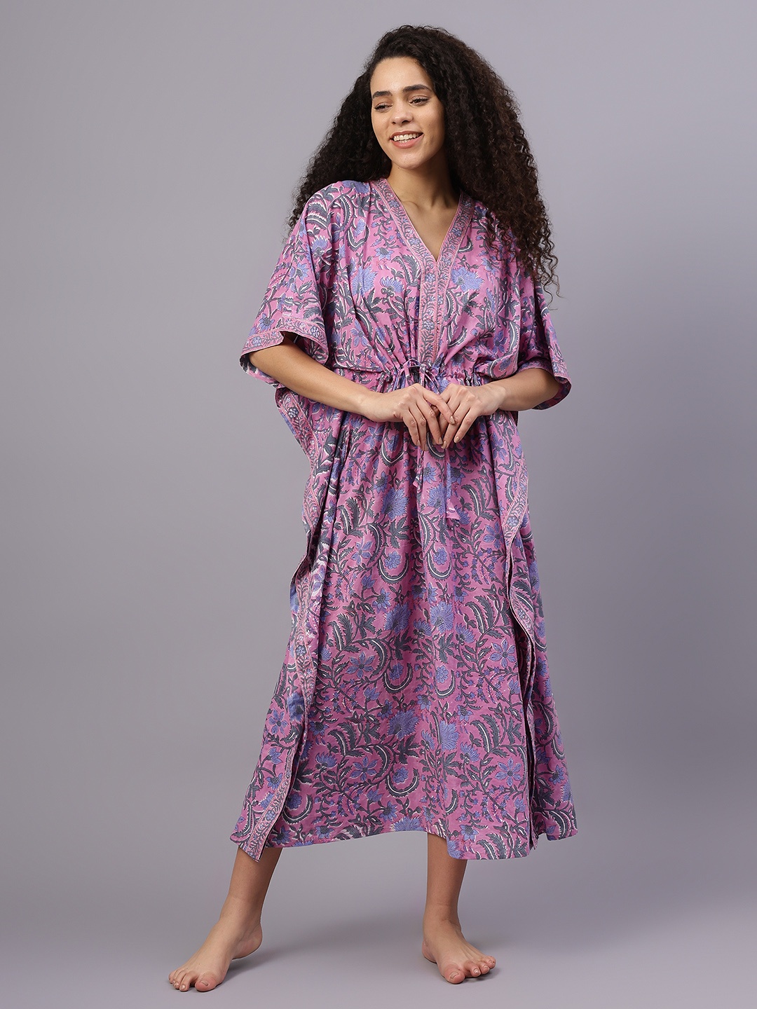 

Safeera Floral Printed V-Neck Pure Cotton Maxi Kaftan Nightdress, Pink