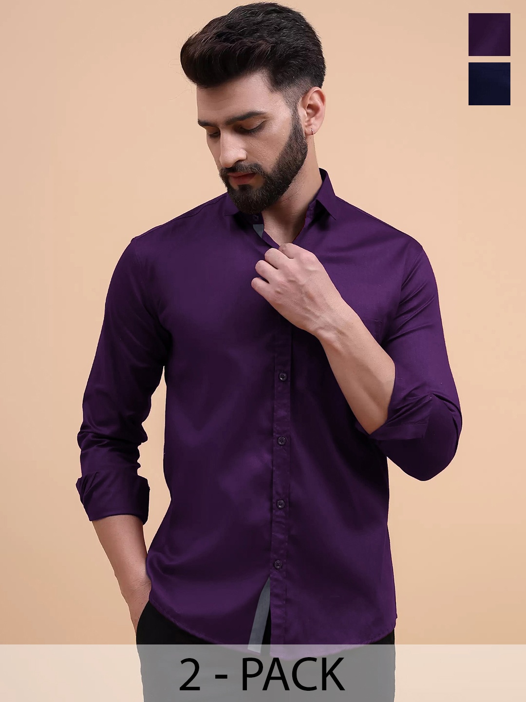 

Tee Projekt Standard Pack of 2 Spread Collar Long Sleeves Cotton Formal Shirt, Navy blue